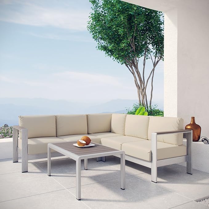 Modway Shore 4-Piece Aluminum Outdoor Patio Sectional Sofa Set in Silver Beige - Image 8
