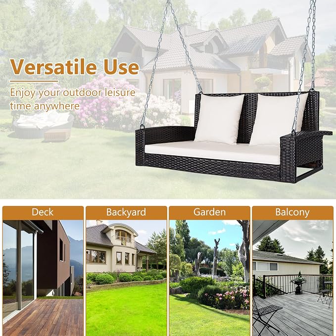 DORTALA Hanging Porch Swing, 2-Person Outdoor Wicker Swing Chair Bench - Image 5