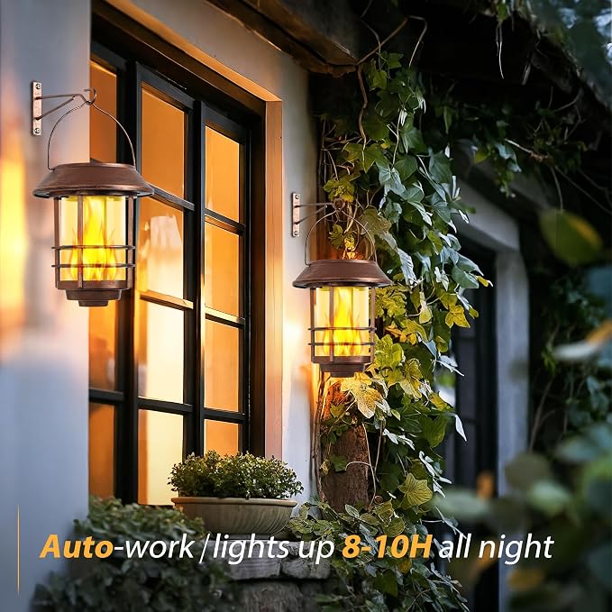 Otdair Solar Lanterns Outdoor Waterproof, 2 Pack Flickering Flames Wall Garden - Image 3