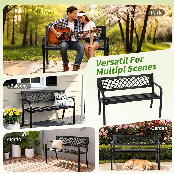 Garden Bench, Outdoor Benches, Iron Steel Frame Patio Bench - Image 7