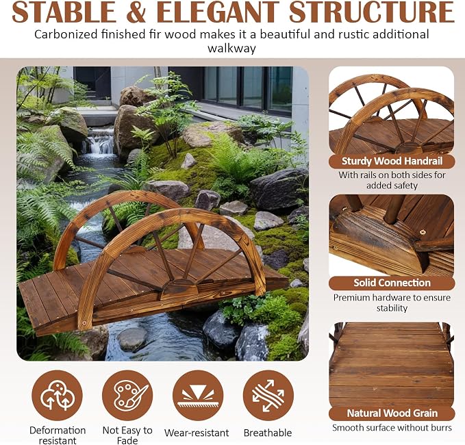 5 FT & 3.3 FT Wooden Garden Bridge, Stained Wood Arc Footbridge - Image 3