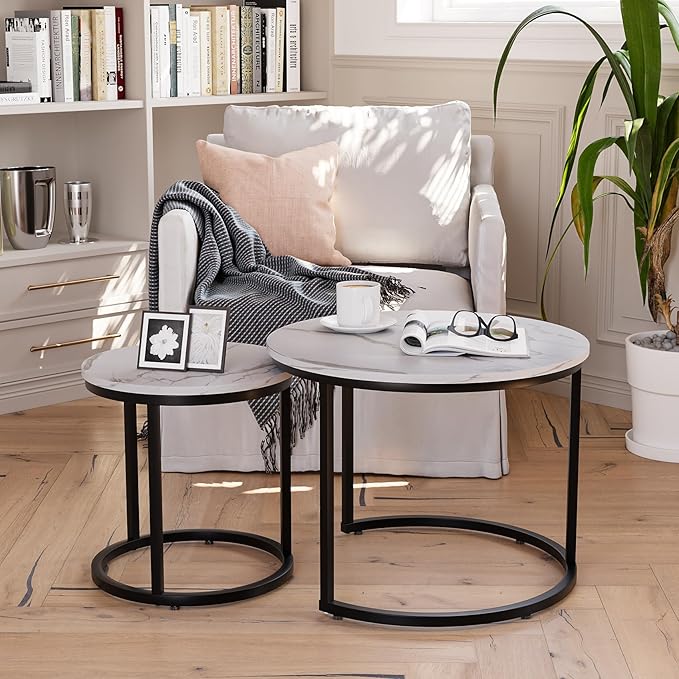 Smuxee White Nesting Coffee Table Set of 2, 23.6" Round Coffee Table Wood Grain - Image 6