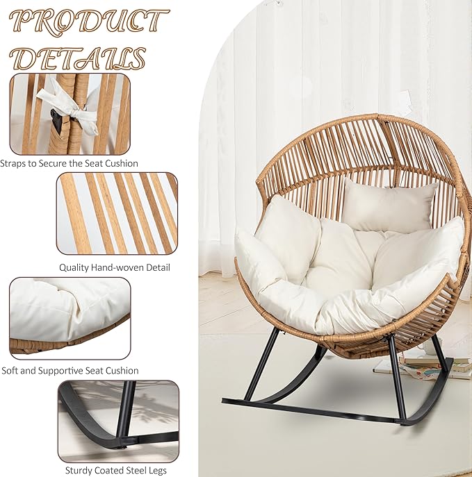 Shintenchi Egg Chair Outdoor, Oversized Outdoor Indoor Wicker Rocking Chair - Image 4