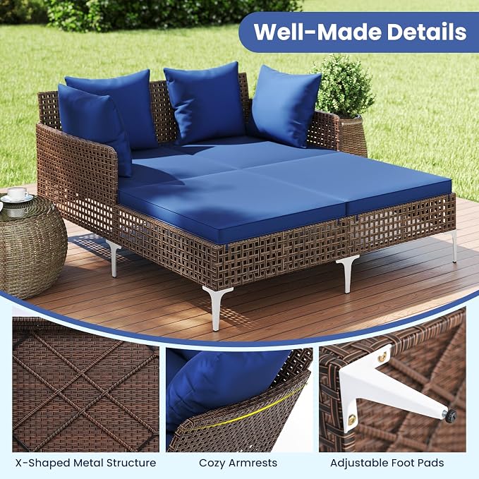 Tangkula Outdoor Rattan Double Daybed, Boho Wicker Chaise Lounge - Image 6