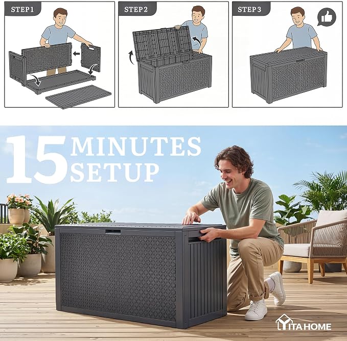 YITAHOME 90 Gallon Large Outdoor Deck Box, Lockable Waterproof Resin Storage Box - Image 8