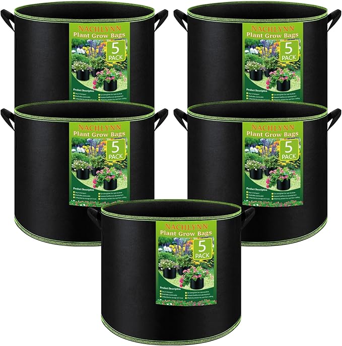 NACHLYNN 5-Pack 15 Gallon Grow Bags Thickened Nonwoven Fabric Pots Heavy Duty by Createyourownlifestory