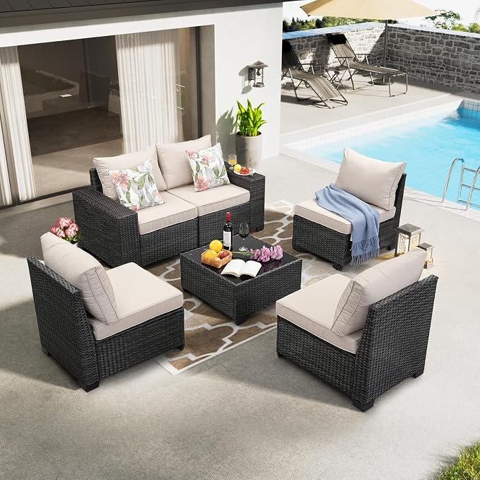 6 Pieces Patio Furniture Set All-Weather Outdoor Wicker Sectional Conversation - Image 8
