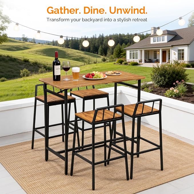 VINGLI 5 Pieces Outdoor Patio Bar Set, Acacia Wood Outdoor Dining Set Patio - Image 6