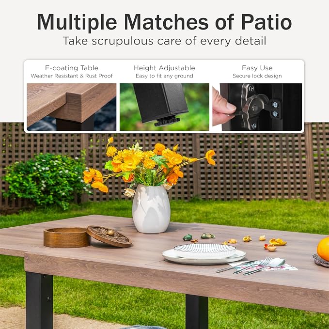 PHI VILLA Outdoor Metal Expandable Dining Table, Wood-Like Wrought Iron - Image 8
