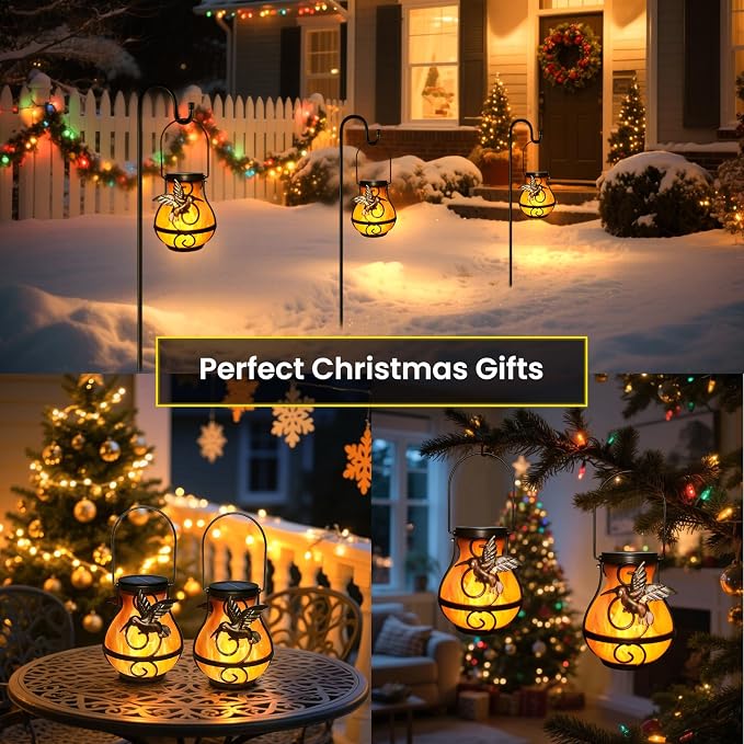 2 Pack Solar Lanterns Outdoor Waterproof, Hanging Hummingbird Flickering Flame - Image 3