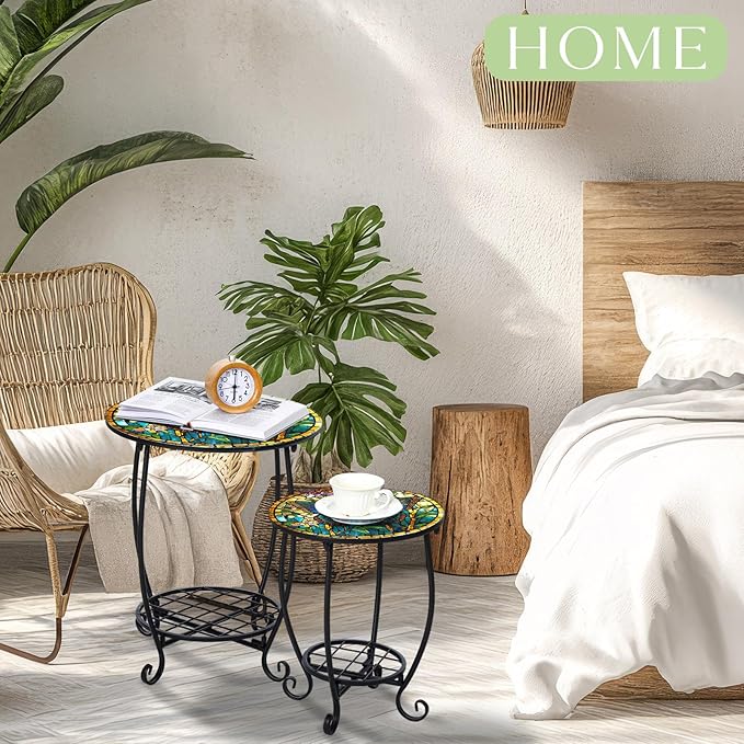 2 Pcs Outdoor Side Table Small Patio Round Mosaic Accent Indoor End Table Plant - Image 2