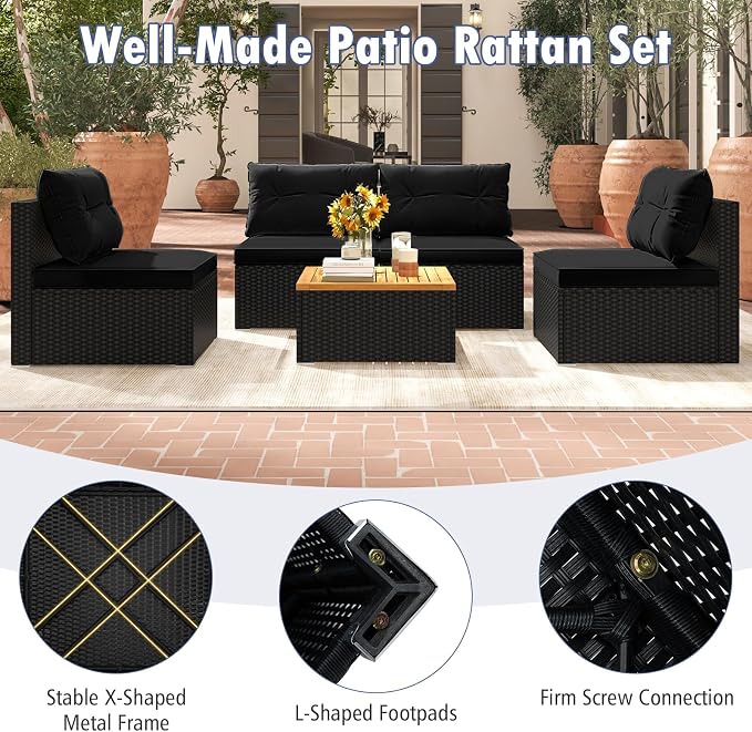 Tangkula 5 Piece Rattan Sofa Set, Outdoor Wicker Furniture Set w/Seat & Back - Image 7