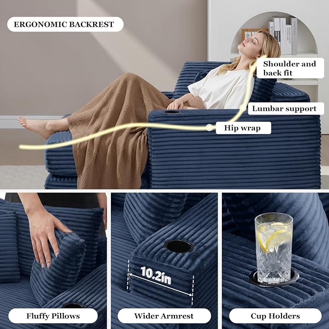 HANXIN 62" Chaise Lounge Chair Indoor, Oversized Corduroy Boneless Convertible - Image 5