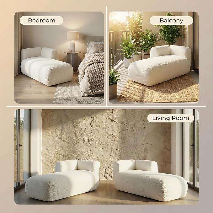 Boucle Chaise Lounge Chair Indoor Comfy Fluffy Lounge Sofa Upholstered Chaise - Image 6