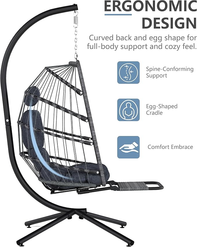 SWITTE Egg Chair Outdoor with Footrest & Stand, Indoor Wicker Hanging Egg Swing - Image 7