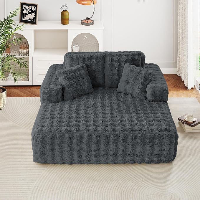 56" W Oversized Chaise Lounge Chair Indoor, Plush Faux Fur Sleeper Couch Sofa - Image 9