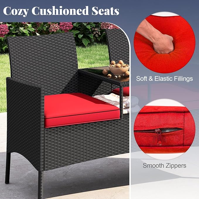 Tangkula Patio Loveseat with Built-in Table, Wicker 2-Seat Furniture with Soft - Image 5