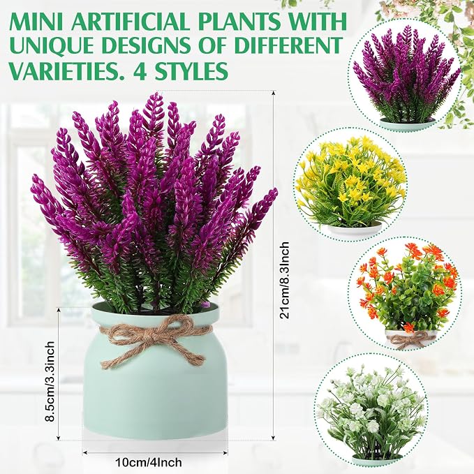 Cindeer 4 Pcs Large Artificial Potted Flowers Fake Potted Plants Plastic Faux - Image 2