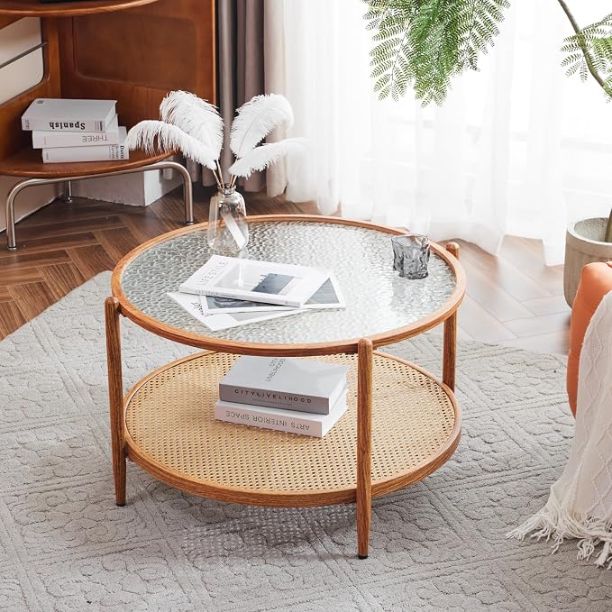 VINGLI 30" Rattan Coffee Table, Round Water-Wave Glass Metal Center Table - Image 7