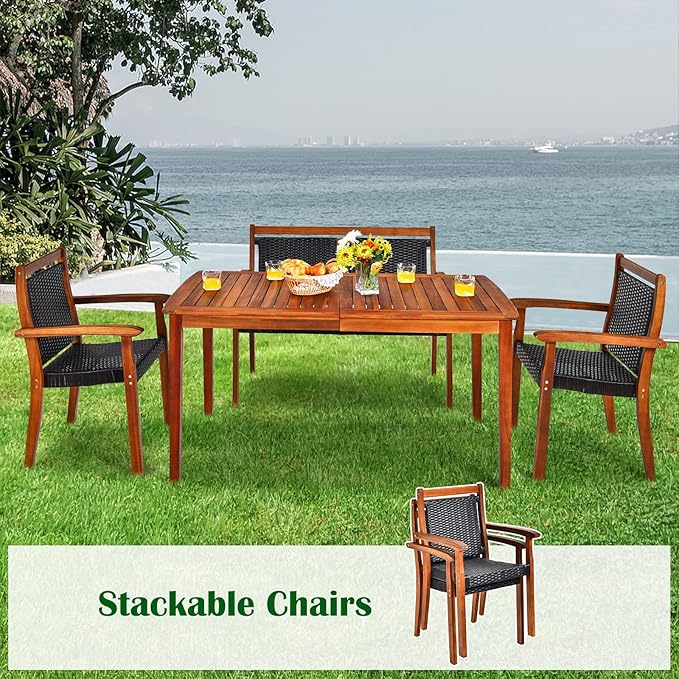 COSTWAY 4 Piece Patio Rattan Dining Furniture Set, Outdoor Acacia Wood Frame - Image 5