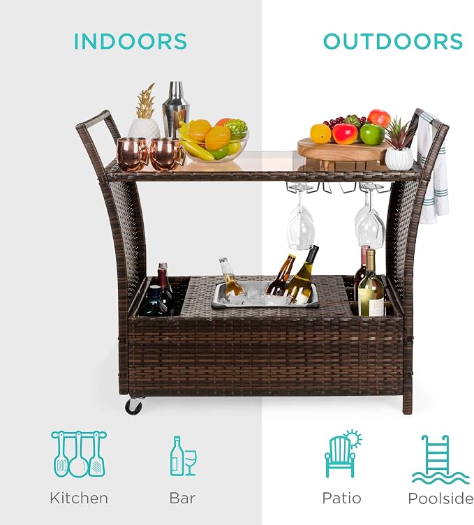 Best Choice Products Outdoor Rolling Wicker Bar Cart w/Removable Ice Bucket - Image 6