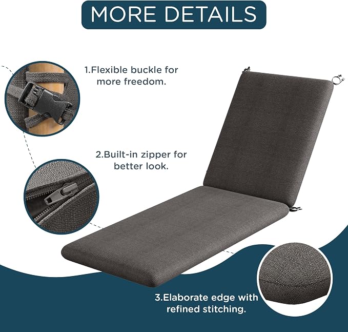 Codi Outdoor Chaise Lounge Chair Cushions 80"x26"x3.5" – Linen Texture - Image 7