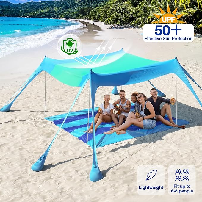Rhino Valley Beach Tent Shade Canopy UPF50+ Protection, 8 Sandbags, 4 Stability - Image 3