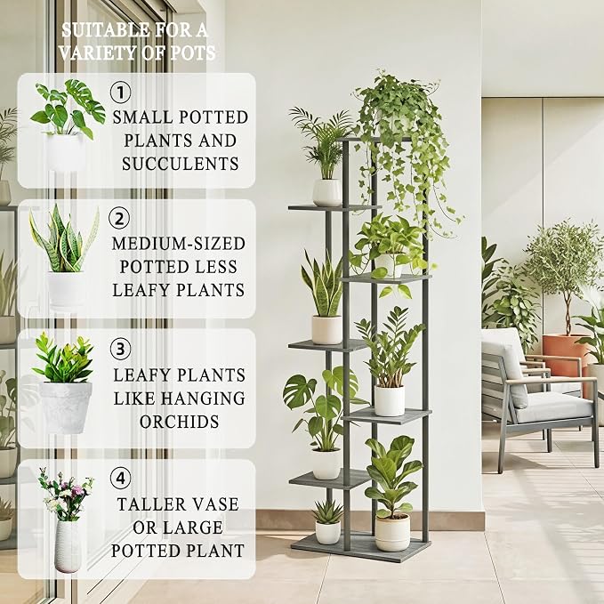 Plant Stand Indoor 7 Tier 8 Potted Metal Wood Plant Shelf, Oak Grey - Image 5