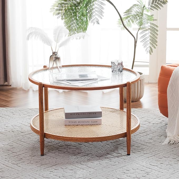 VINGLI 30" Rattan Coffee Table, Round Water-Wave Glass Metal Center Table - Image 4