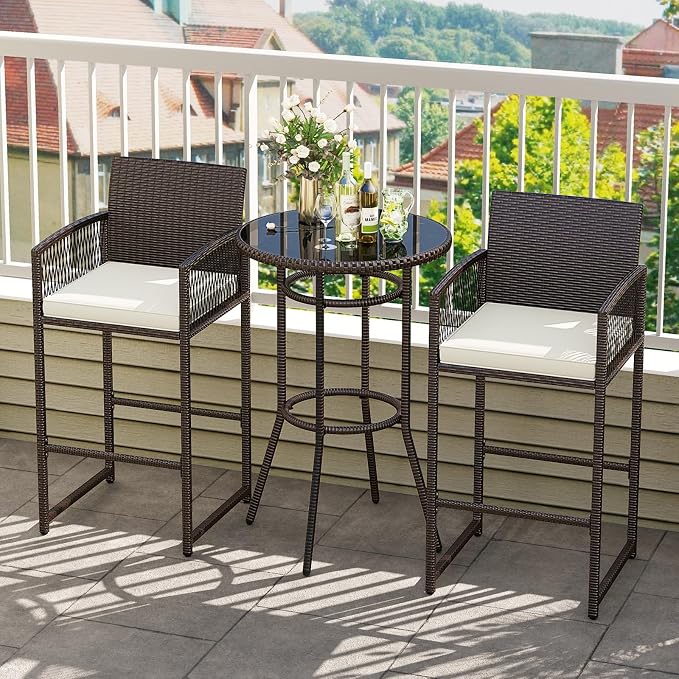 Tangkula 3 Piece Patio Bar Set, Outdoor Heavy Duty Wicker Bar Height Table & 2 - Image 4