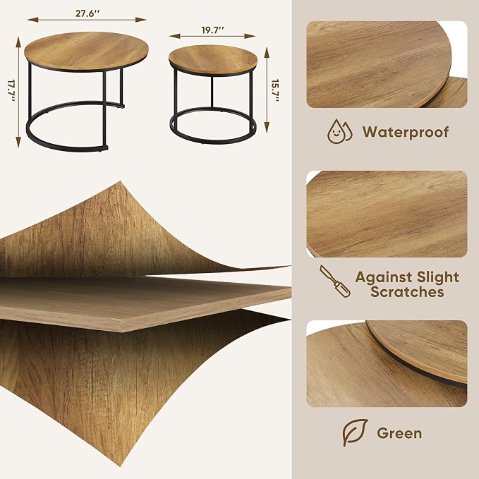 Smuxee Nesting Coffee Table Set of 2, 27.6" Round Coffee Table Wood Grain Top - Image 2