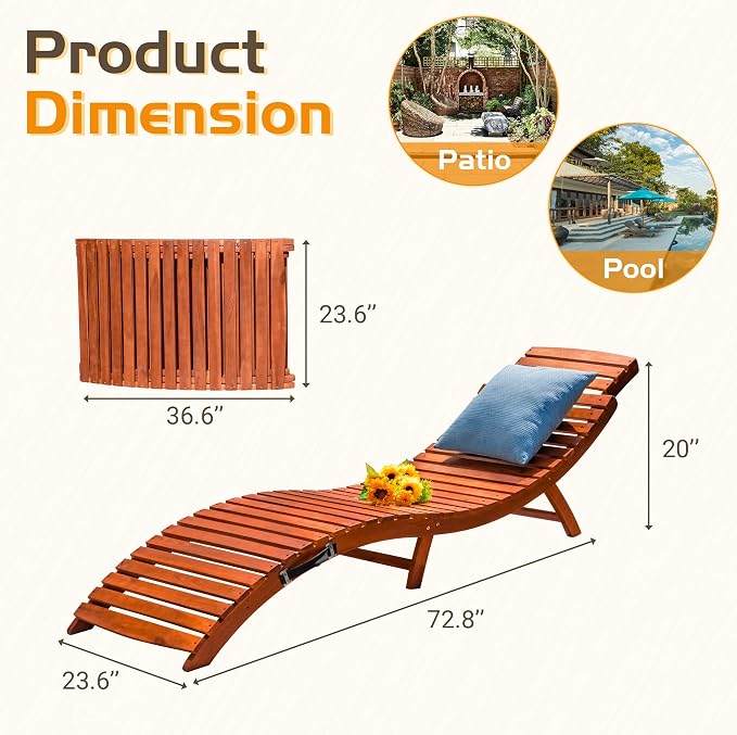 Greesum Wood Folding Chaise Lounge Chair, Weatherproof Extended Sun Lounger - Image 2