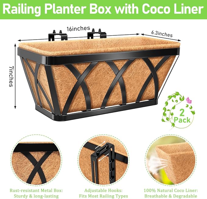 Riare 2 Pack 16 Inch Metal Railing Planter Window Box - Image 2