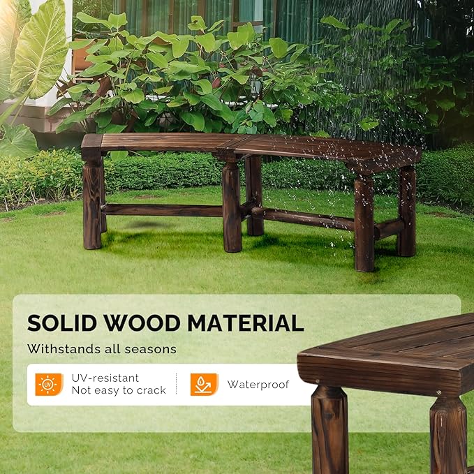 VINGLI Outdoor Bench Wooden Curved Bench, All-Weather Fire Pit Backless Patio - Image 4