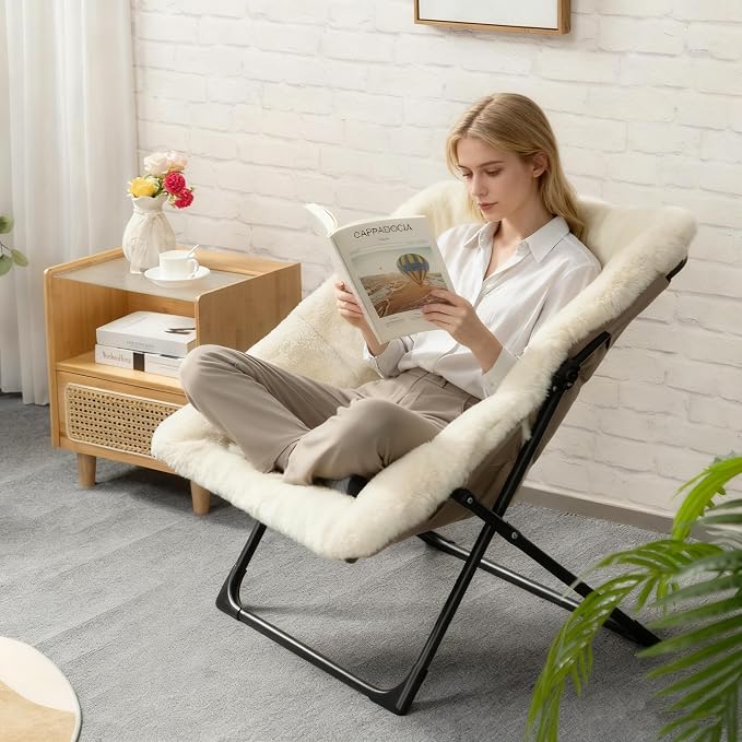 HollyHOME X-Large Saucer Chair, Comfy Oversized Folding Chair, Faux-Fur Reading - Image 2