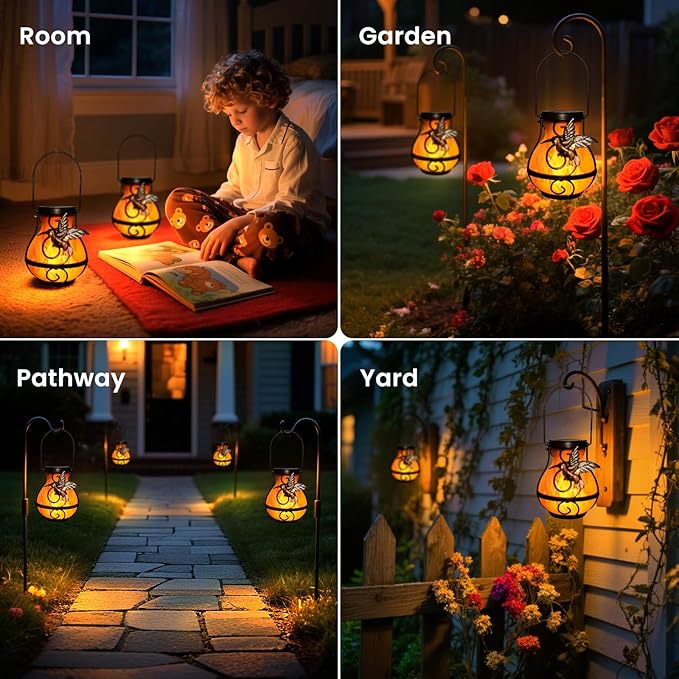 2 Pack Solar Lanterns Outdoor Waterproof, Hanging Hummingbird Flickering Flame - Image 2
