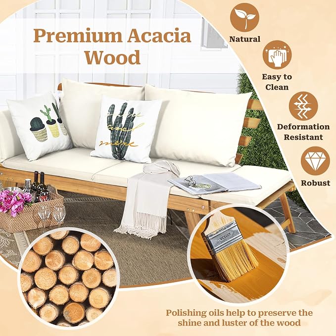 S AFSTAR Patio Convertible Couch Sofa Bed, Acacia Wood Chaise Lounger - Image 5