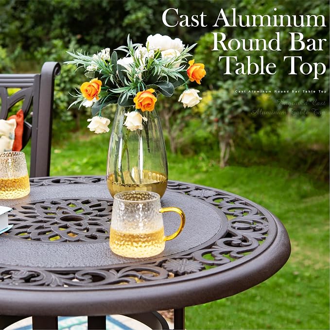 PHI VILLA 32 in Cast Aluminum Patio Outdoor Bistro Round Dining Table - Image 4