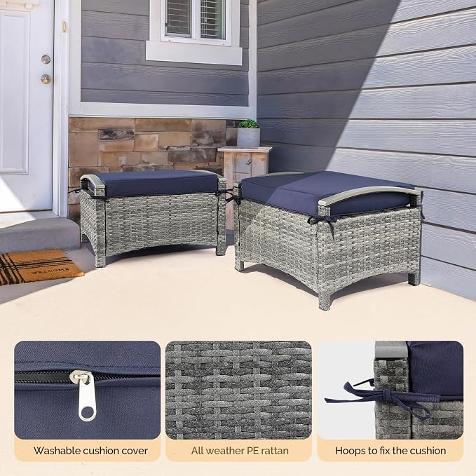 VINGLI Wicker Outdoor Ottoman Set of 2, All Weather PE Rattan Footstool - Image 6