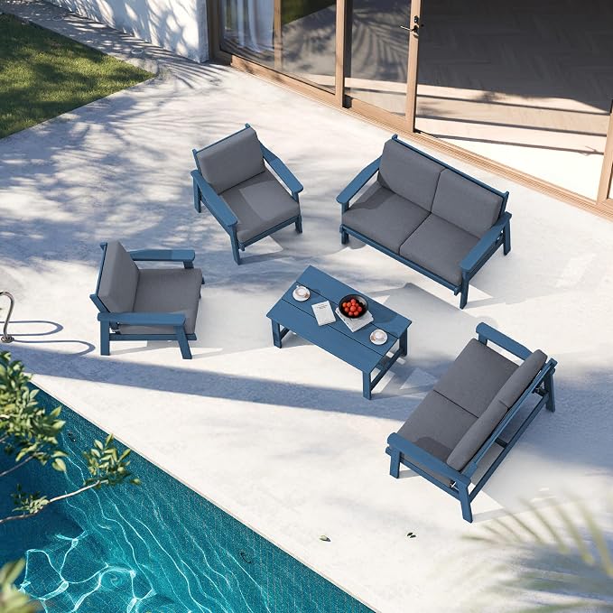 SERWALL HDPE Patio Furniture Set, 5 Piece All Weather Wood-Like Sectional - Image 9