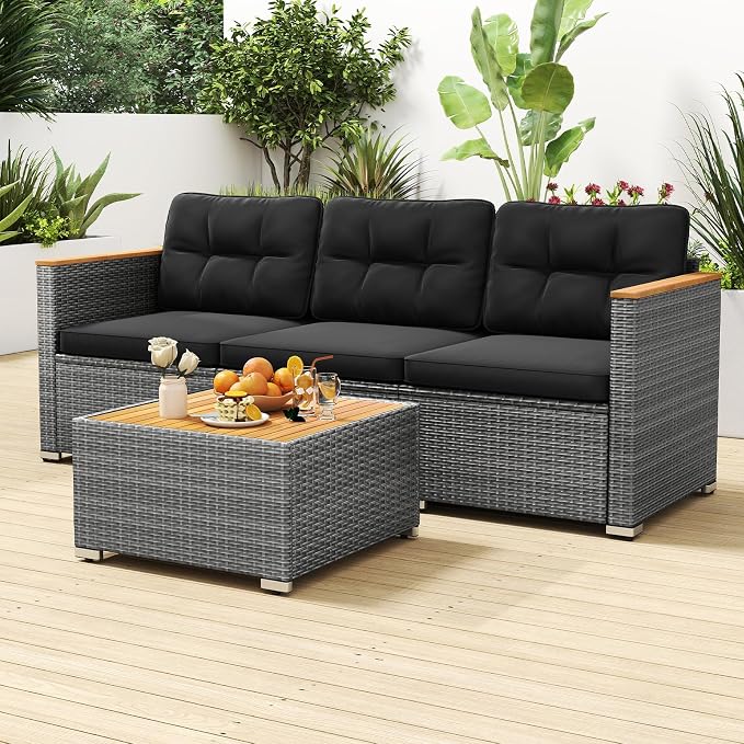Tangkula 3-Seat Patio Wicker Couch Sofa, Outdoor 3 Seater Rattan Furniture Set - Image 4