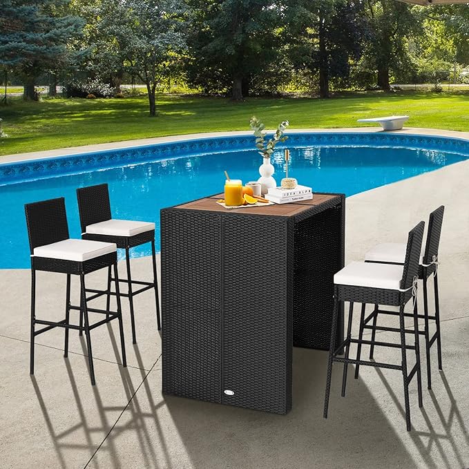 Tangkula 5 Piece Patio Wicker Bar Set, Patiojoy Outdoor Acacia Wood Bar Height - Image 3