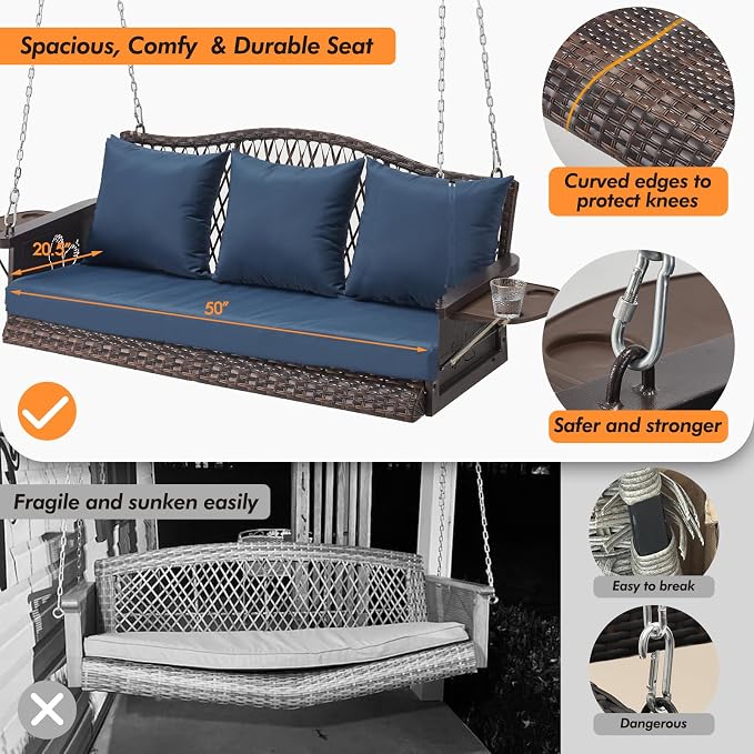 Upgraded Wicker Hanging Porch Swing Heavy Duty 900 LBS 3-Seat Outdoor Patio - Image 2