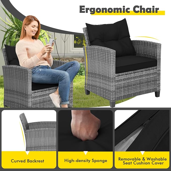 Tangkula 3 Pieces Patio Furniture Set, Outdoor PE Rattan Conversation Chair Set - Image 3