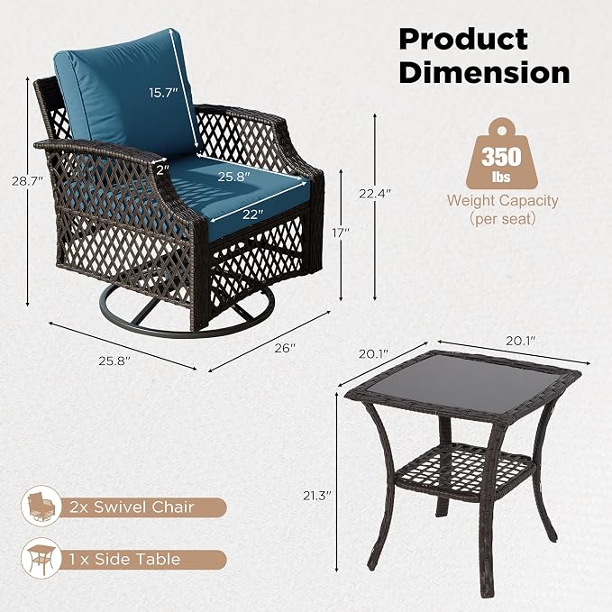 HOMREST 3 Piece Outdoor Swivel Chair Set, Wicker Patio Bistro Set - Image 6