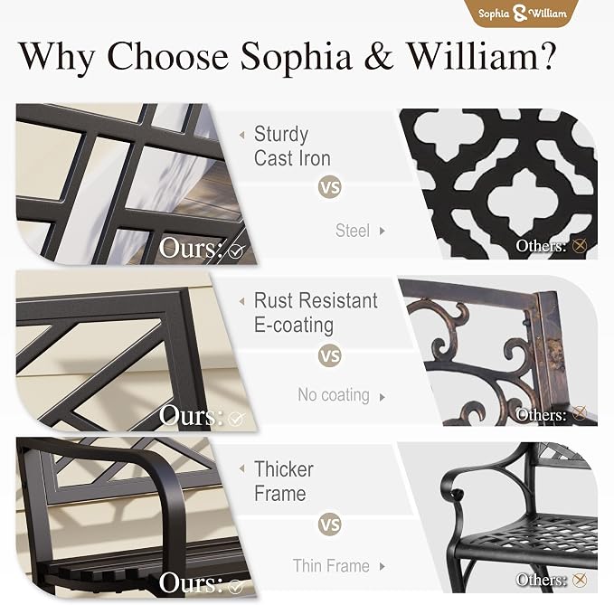 Sophia & William Outdoor Metal Bench Patio Garden Bench, Cast Iron Park Benches - Image 7