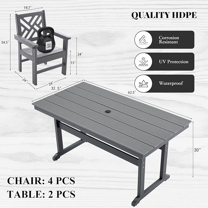HDPE Outdoor Dining Set, 6-Piece Outdoor Table and Chairs Include 4 Dining - Image 3