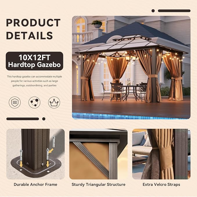 Aoxun 10'x12' Hardtop Gazebo, Outdoor Metal Gazebo - Image 8