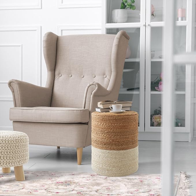 Casafield Hand-Braided Jute Pouf Ottoman Footrest, Natural Boho Home Decor - Image 2