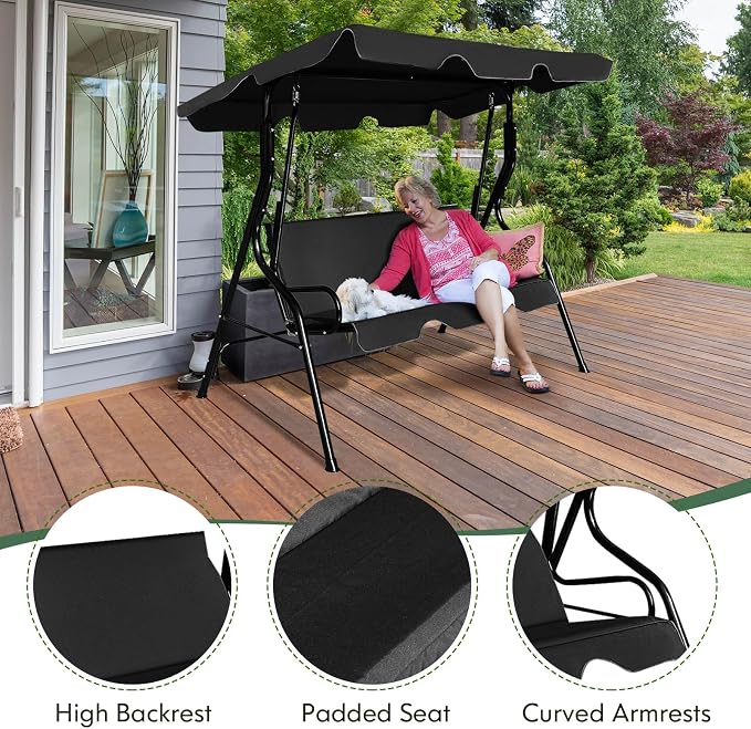 Porch Swing Outdoor, 3 Person Patio Swing w/Removable Cushion, Stand & - Image 5